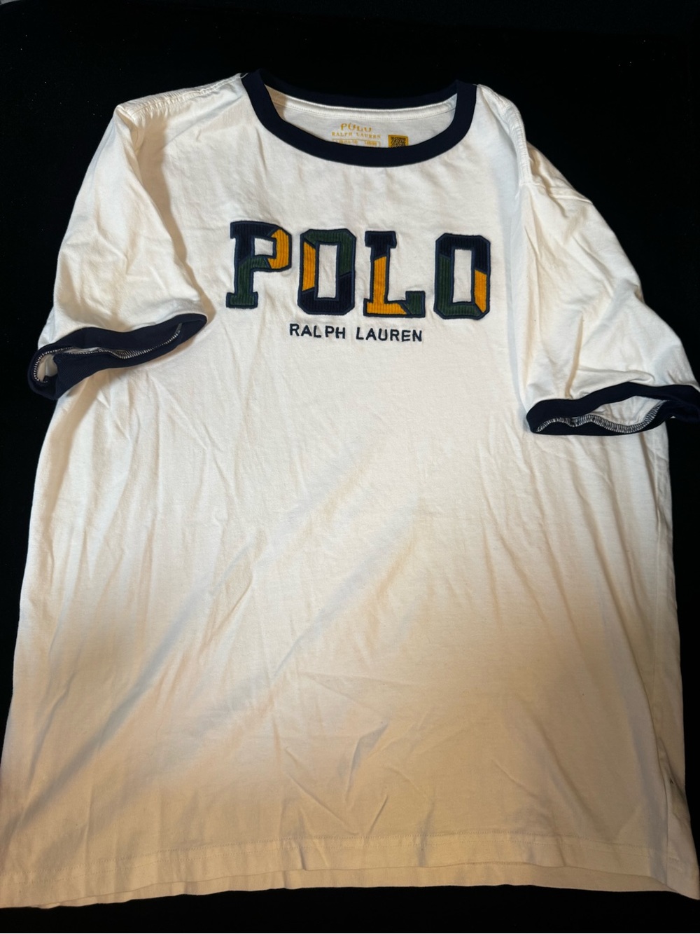 Ralph Lauren White Ringer Tee with Navy Trim and Multicolor Embroidered POLO